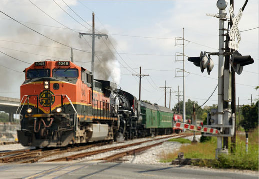 Locomotive coming down the tracks